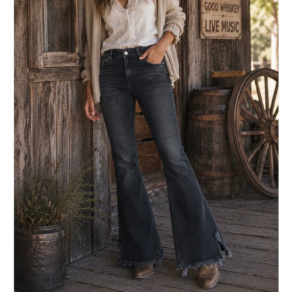 Free People We The Free Vintage Flare Washed Black Jeans Frayed Hem Size 26 NWT